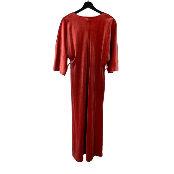 Vintage 60s Red Orange Velour Short Sleeve Full Length House Dress Medium - Picture 3 of 10